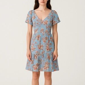 Indulge Floral Mini Dress Womens Medium Blue Excellent Smocked Ruffle Sweetheart